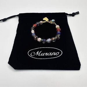 Murano Glass Handknotted Bracelet, Multicolor and Gold metal